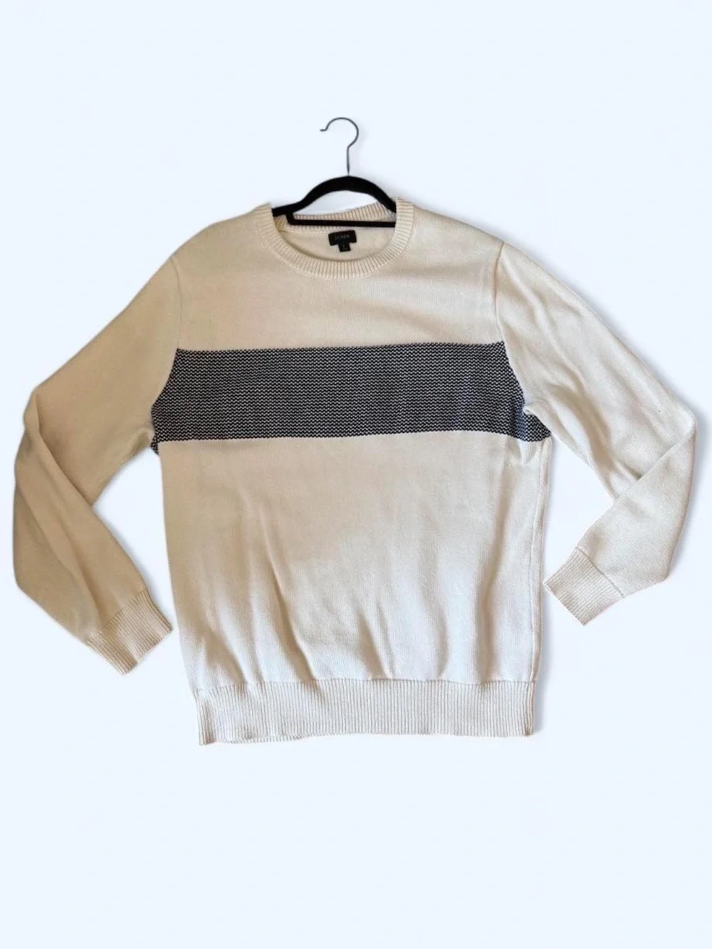 J. Crew Classic Crewneck Sweater with Contrast Stripe - Cream/Blue